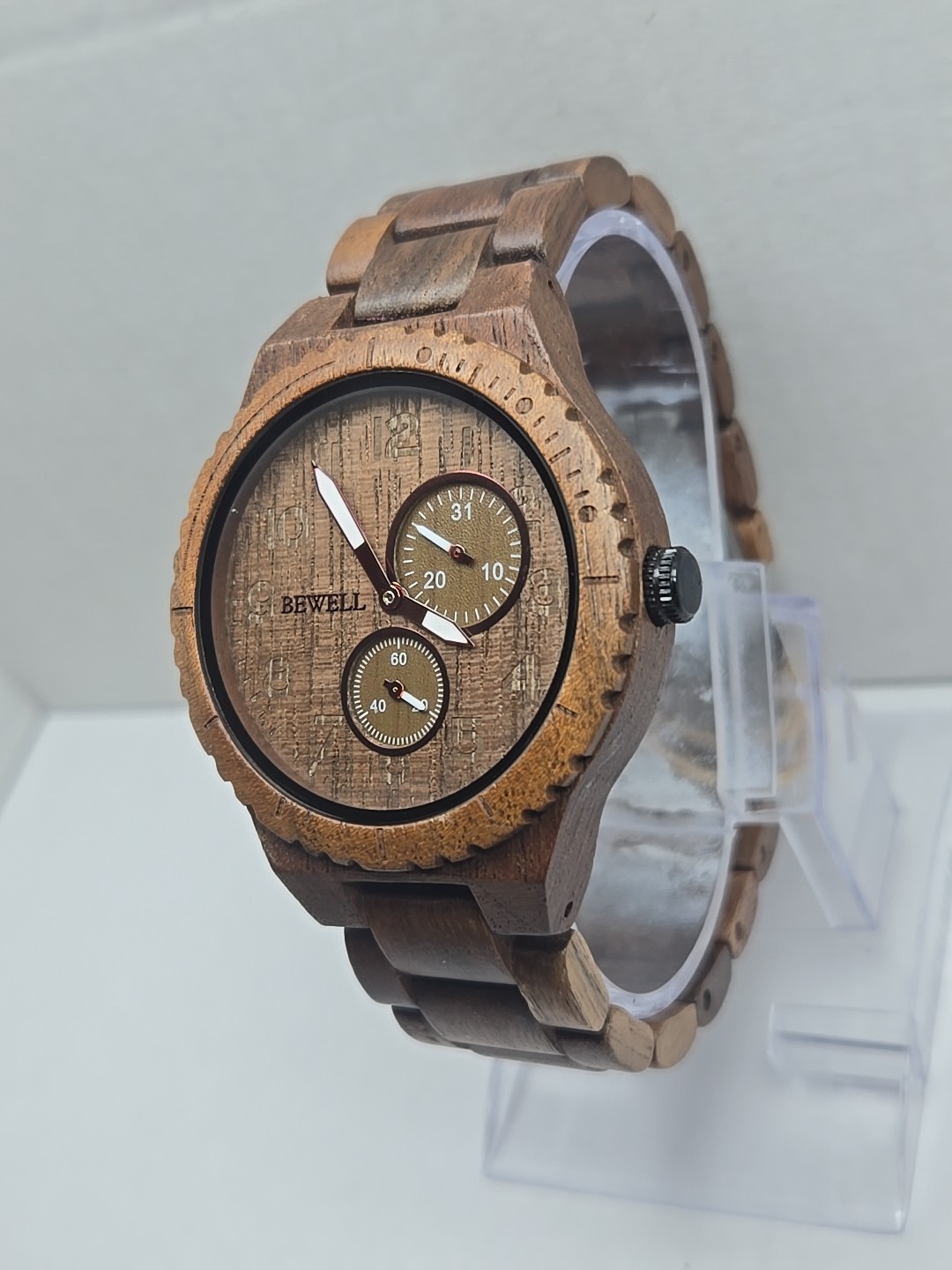 Bewell Black Walnut Wooden Watch Quartz Date Seconds Subdials Brown New Battery