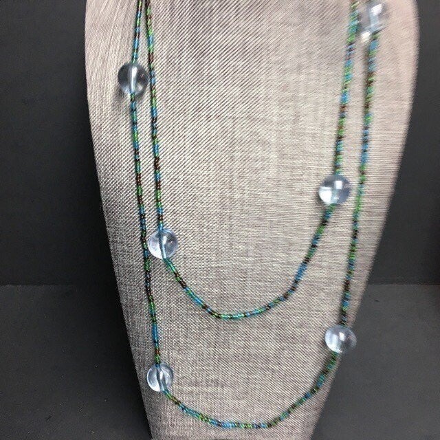Long Seed Bead Necklace Blue Brown Green Clear Transluscent Retro Boho
