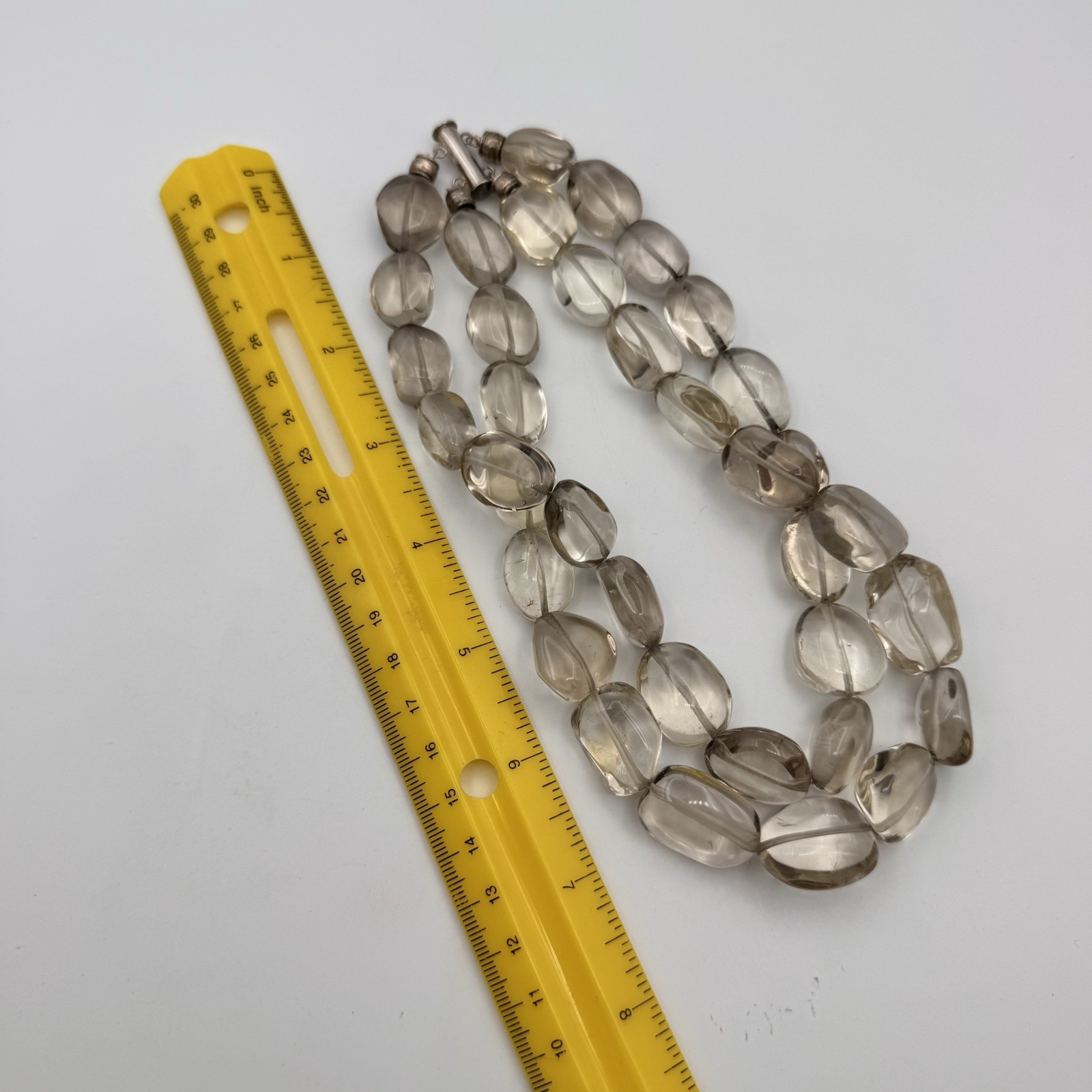 VTG Sterling Silver Light Smoky Quartz Heavy Double Strand Beaded Necklace 15″