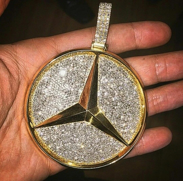 3CT Round Cut Lab Created Diamond Mercedes-Benz Pendant 14k Yellow Gold Plated