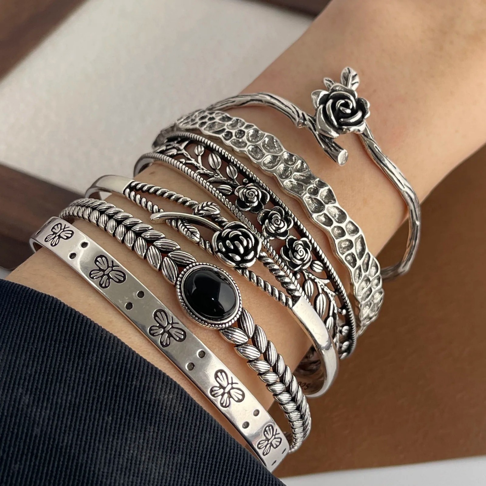 Women Cuff Bangle Vintage Flower Retro Rose Set Sterling Silver Jewelle Bracelet