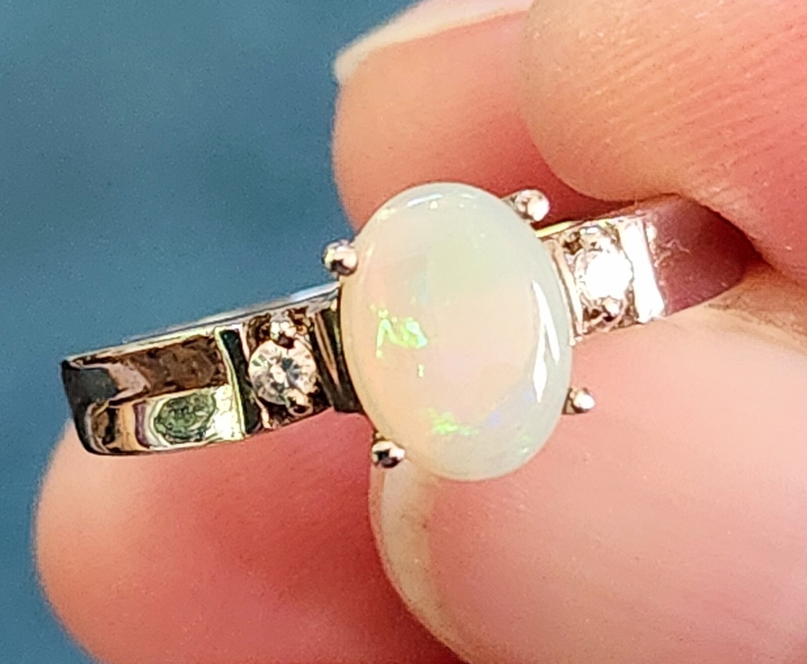 Opal Ring Silver .925 band prong setting approx size 8 / 56-58mm