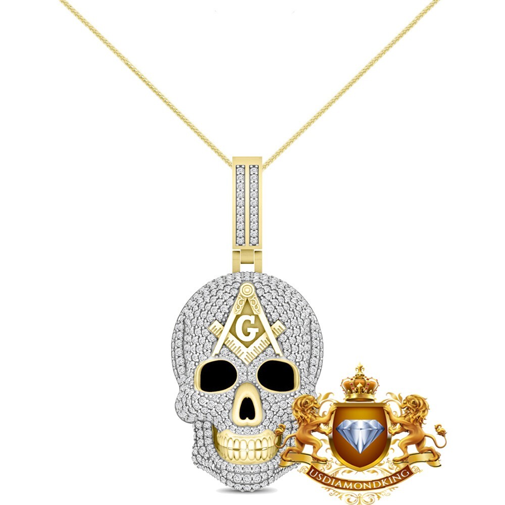 VVS1/D 5.46 Ctw Moissanite Skull Head Masonic Freemason Charm Pendant Chain Set