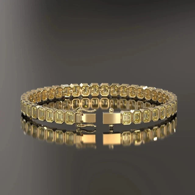 Men’s 8Ct Emerald Cut Lab Created Citrine Tennis Bracelet 14k Yellow Gold Plated