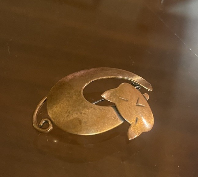 Vintage Otto Robert Bade ORB Signed Hand Wrought Copper MCM Style Cat Brooch