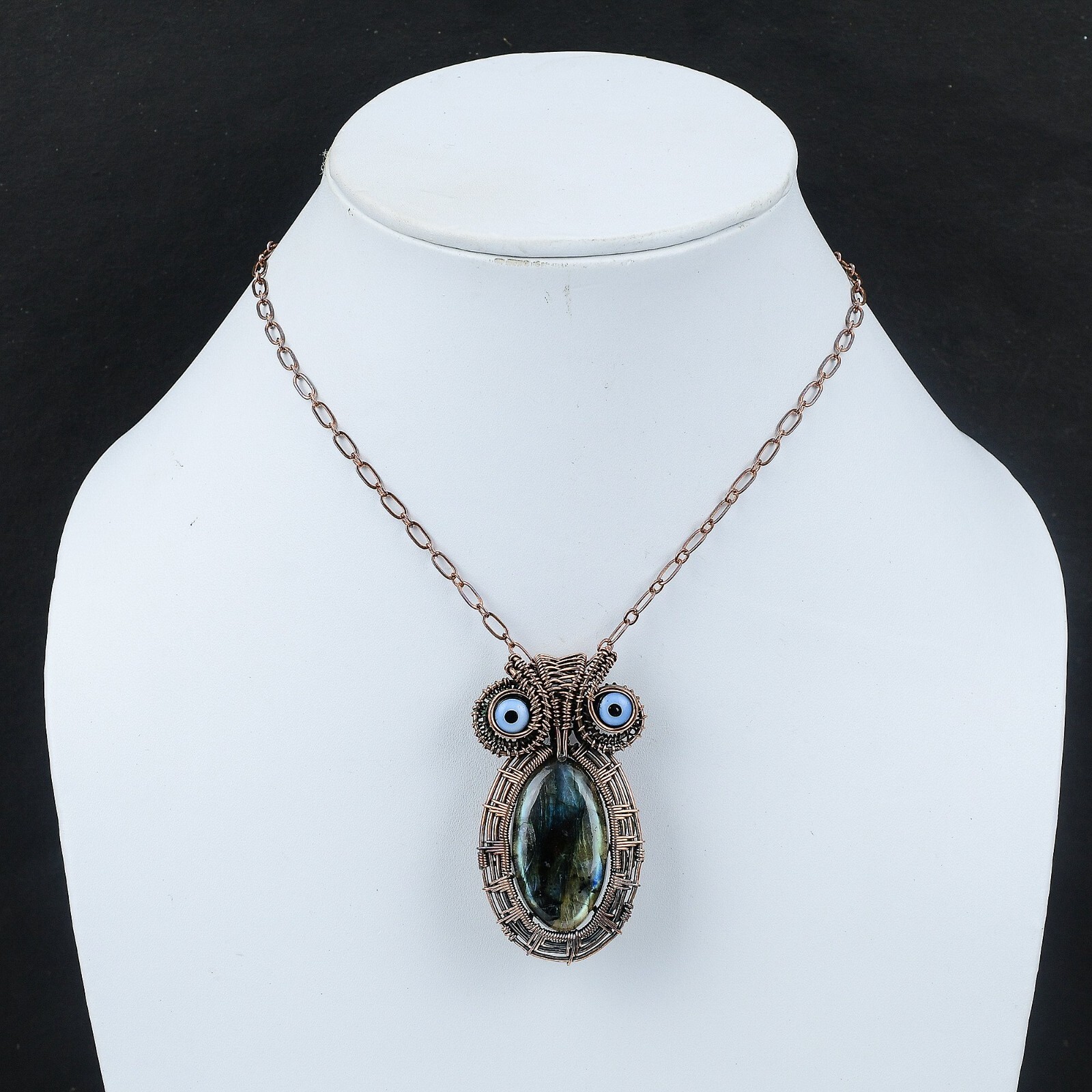 Labradorite Wire Wrapped Owl Pendant Handcrafted Copper Valentine Gift 2.24″
