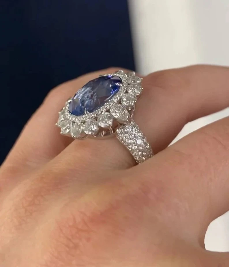 6.00 Ct Oval Natural Sapphire & Diamond Wedding Ring 14K White Gold Size 8