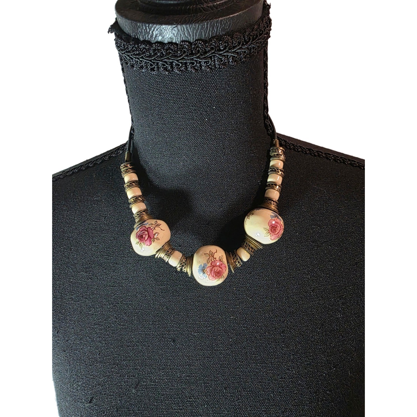 Vintage 1960s English Floral Handmade Ceramic Bead Statement Necklace Boho Retro