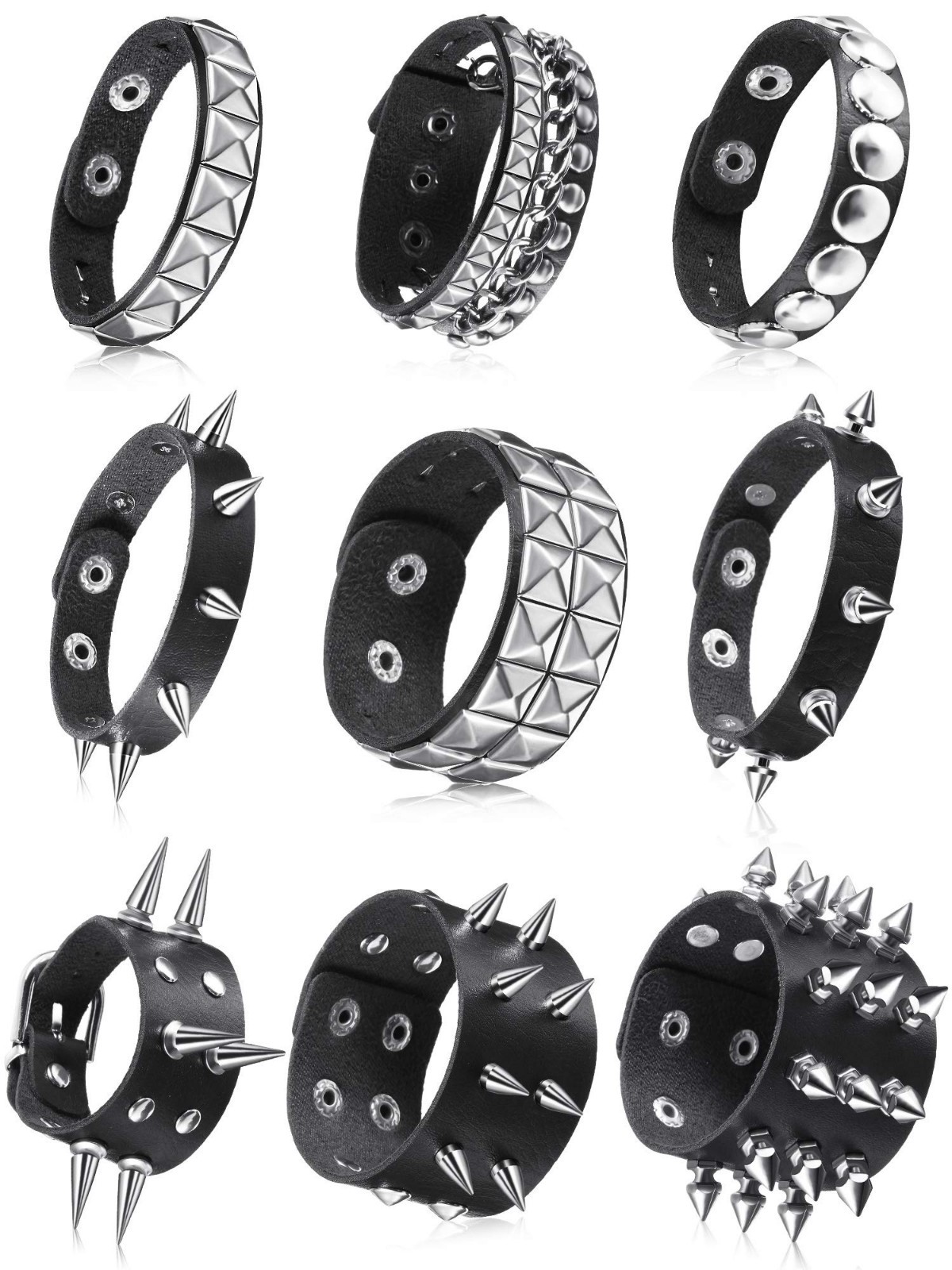 9 Pcs Spiked Studded Leather Bracelets – Emo Punk Rivet Cuff Wristbands for Conc