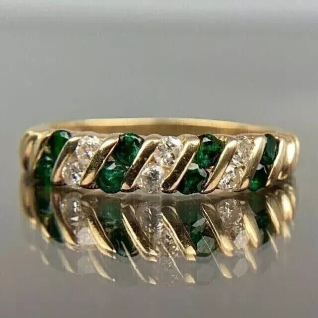 2Ct Round Lab-Created Emerald 14K Yellow Gold Plated Wedding Band Ring Women’s