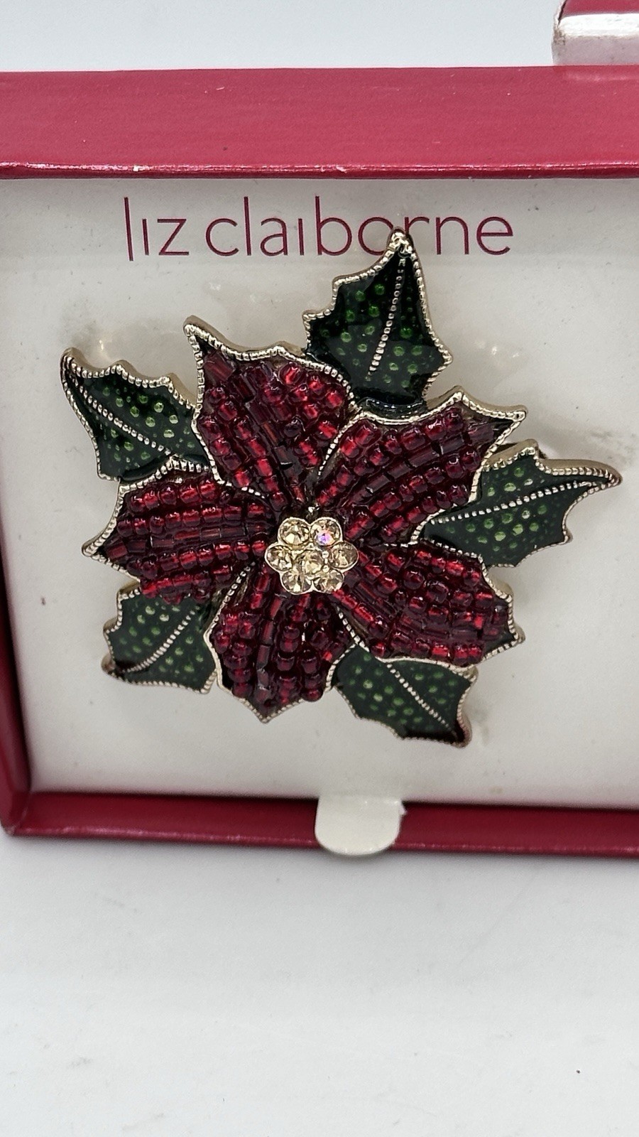 Liz Claiborne Poinsettia Brooch Pin Red Green Rhinestone Beaded w/ Box NWT