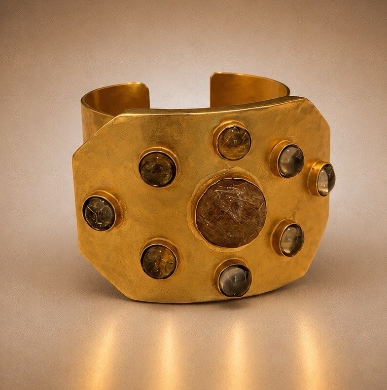 GORGEOUS StephanieKantis 24k Gold Plate Hammered Cuff Bracelet W-Tiger Eye/Topaz