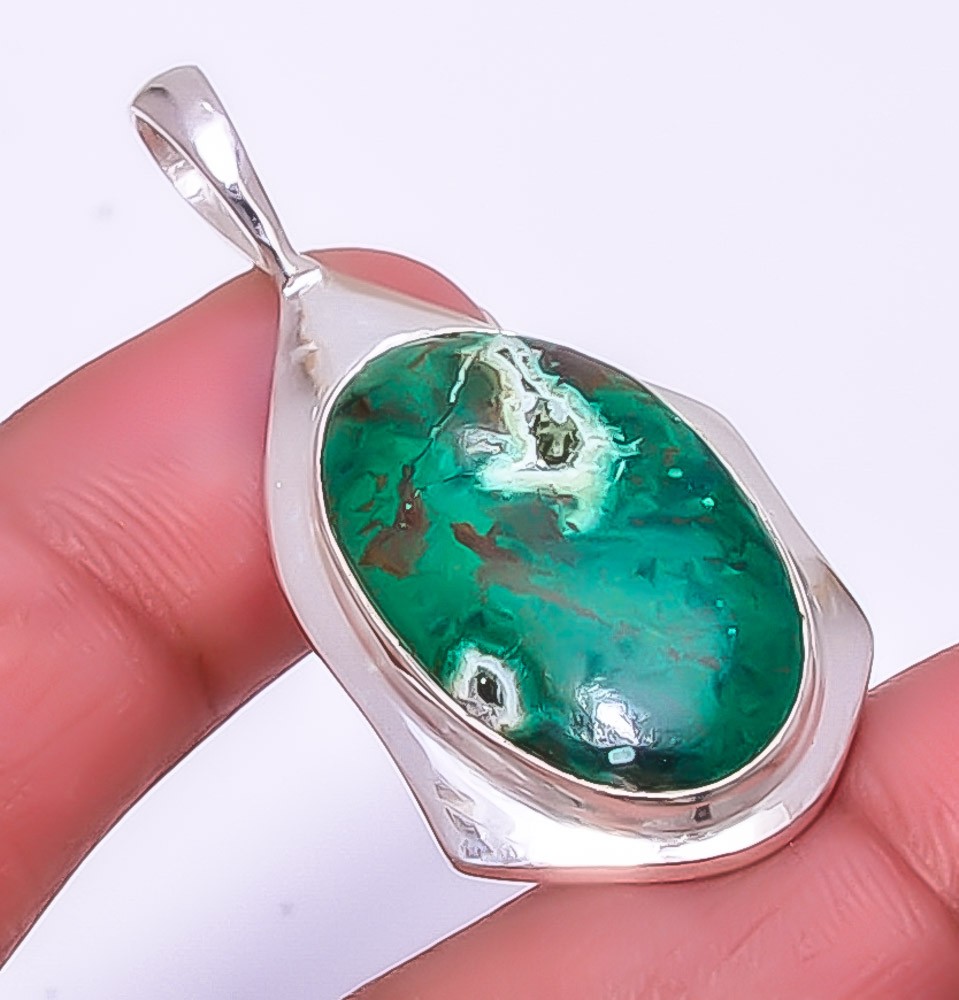 Cuprite Chrysocolla – Africa Gemstone Silver Handmade Pendant 1.83″ A349