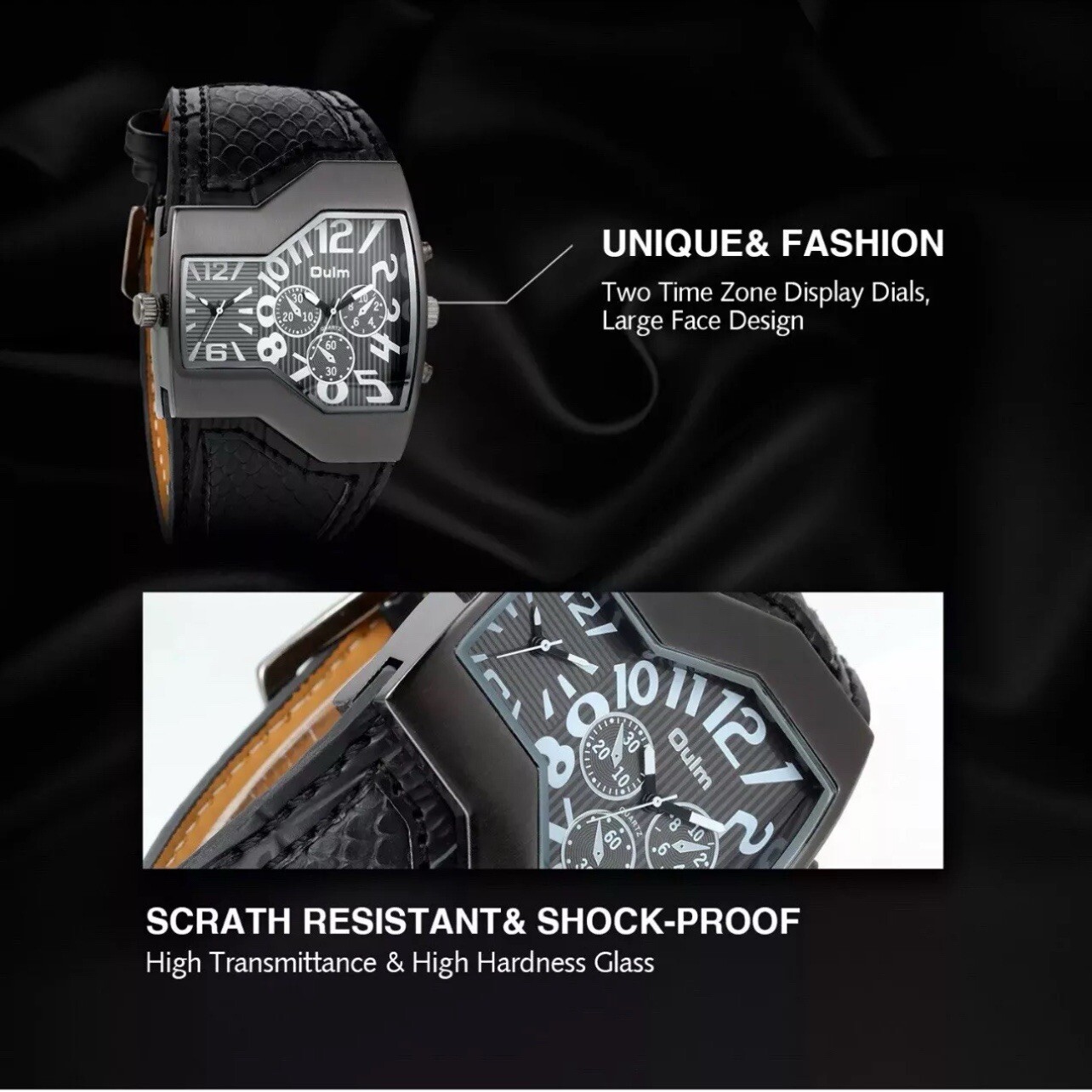 OULM Mens Casual Quartz Watches Dual Time Big Face Wide Leather Band Watch