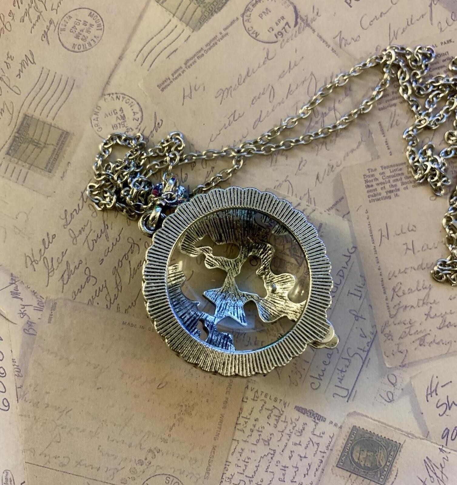 Silver Metallic World Map Magnifying Glass Locket Necklace