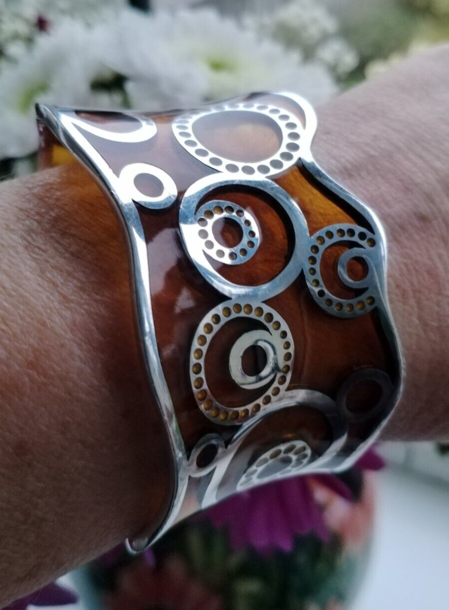 Jou Jou 925 Silver Scrolled Cuff Bracelet Inset With Yellowy Amber Resin