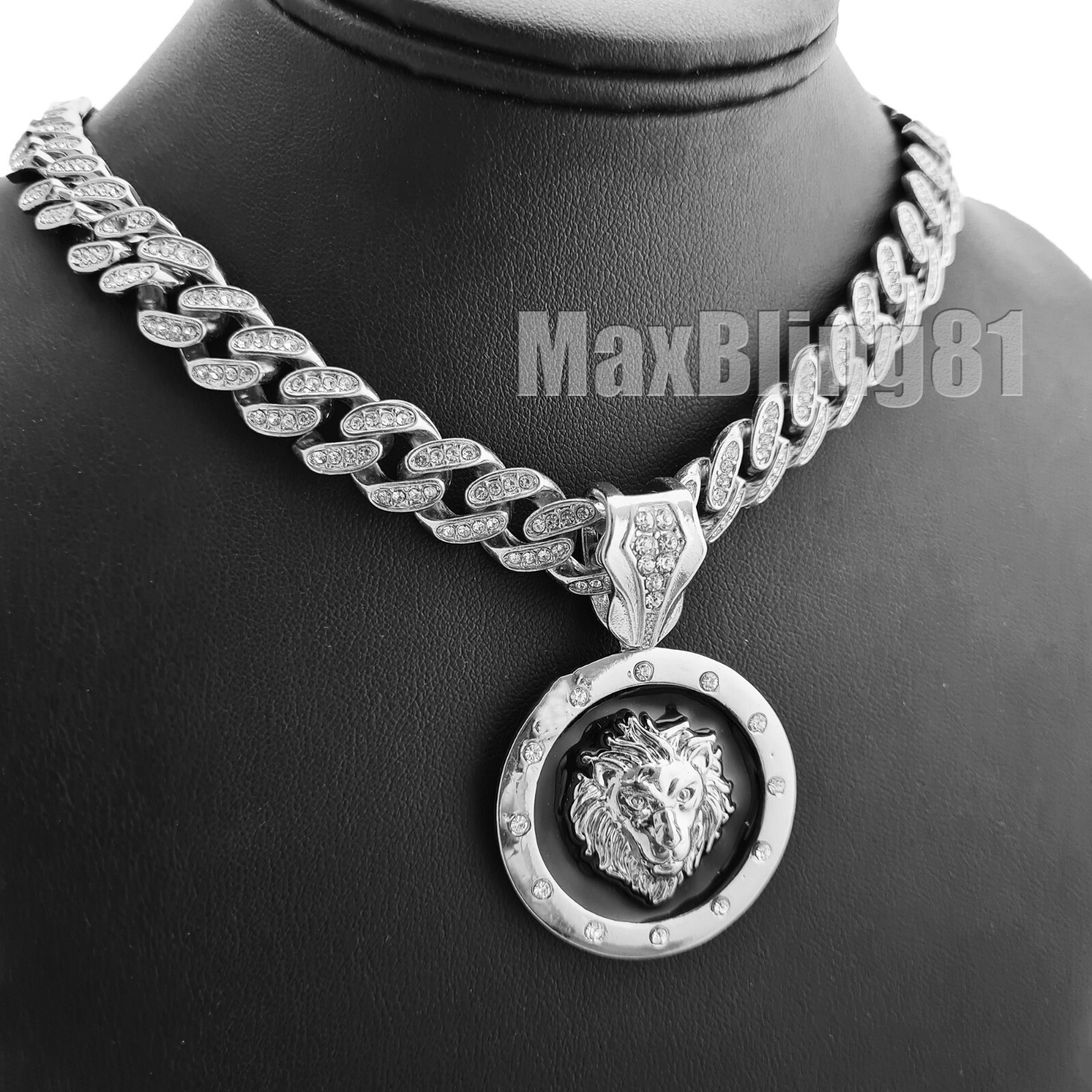 Hip Hop Silver Lion Head Pendant 16″ 18″ 20″ 24″ Iced Cuban Chain Bling Necklace
