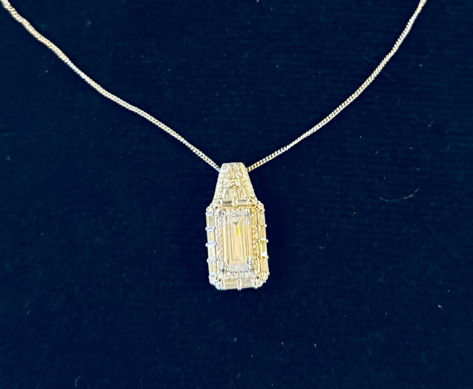 Sterling silver Chain Necklace w/ Rectangle Baguette Clear Moissanite pendant.