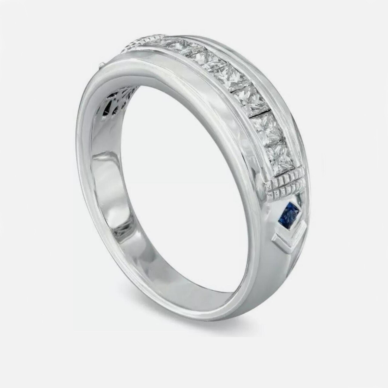 0.82Ct White & Blue Princess Men’s Wedding Ring In Solid 14K White Gold