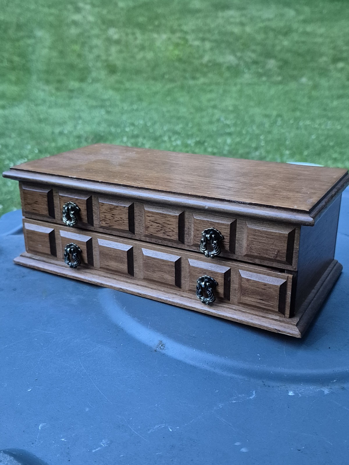 Vintage Wood Jewelry Box Mirror Mustard Yellow Corduroy Lining 2 Tier Organizer