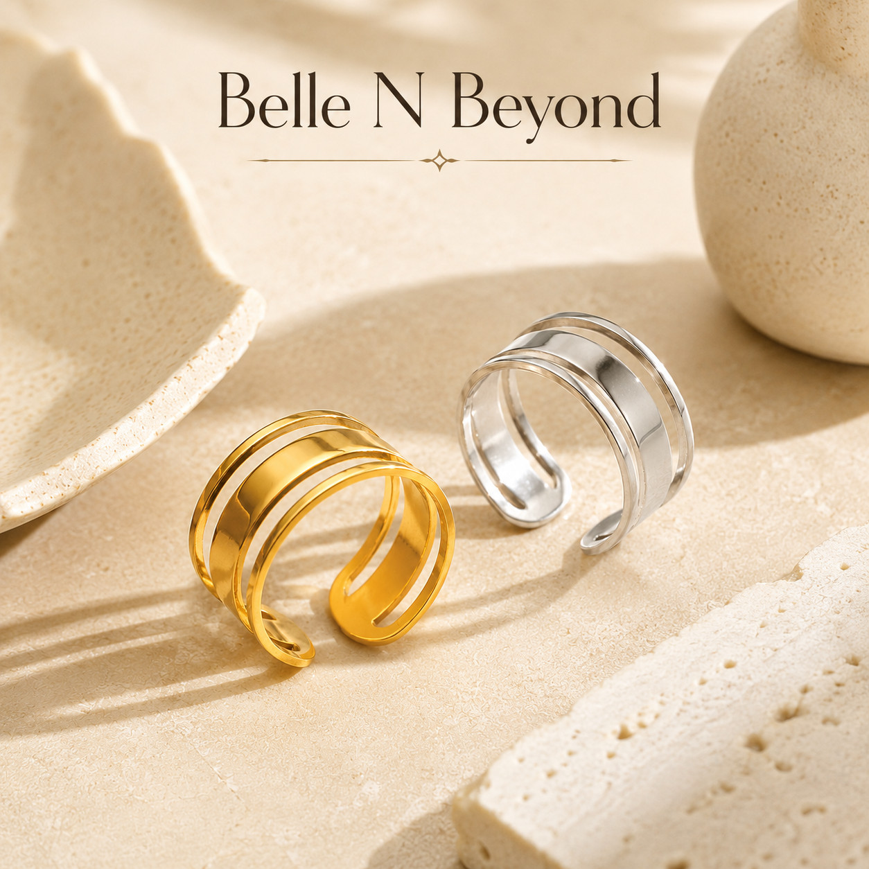 Wide Triple Band Open Ring Gold Silver Tone Stainless Steel Women’s Jewelry
