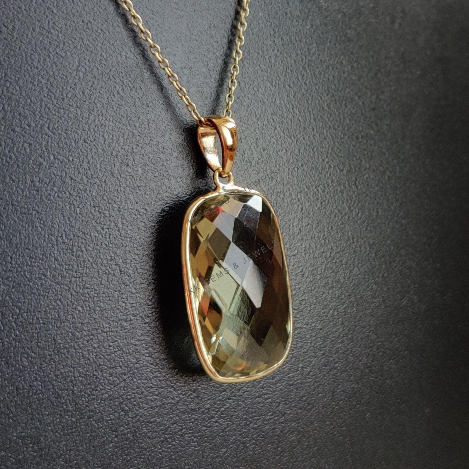 11.70 Ct Natural Green Amethyst Pendant 14K Gold Bezel February Birthstone Gift