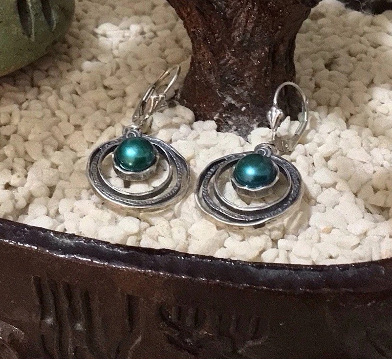 PZ ISRAEL 925 Sterling Silver Cultured Teal Pearl Triple-Circle Earrings 5g EUC