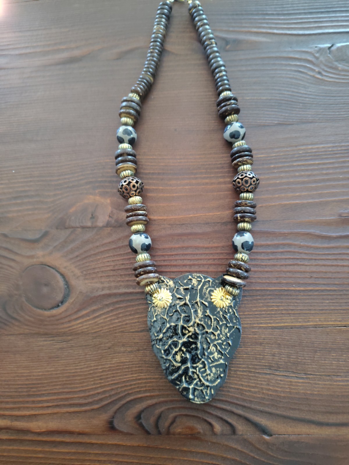 Vintage Hand Painted Leopard Wood – Metal Statement Necklace- Lee Sands