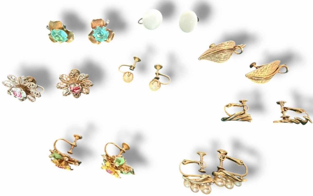 Vintage SCREWBACK EARRING Mixed Lot 8 Pair Textured Gold Enamel Faux Pearl +