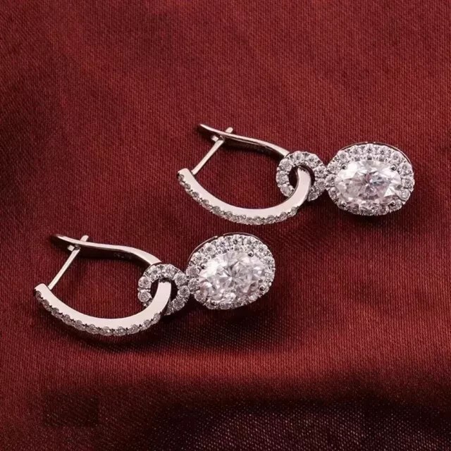 Oval Cut Simulated Diamond Drop/Dangle Clip On Earring In 14K White Gold Plated