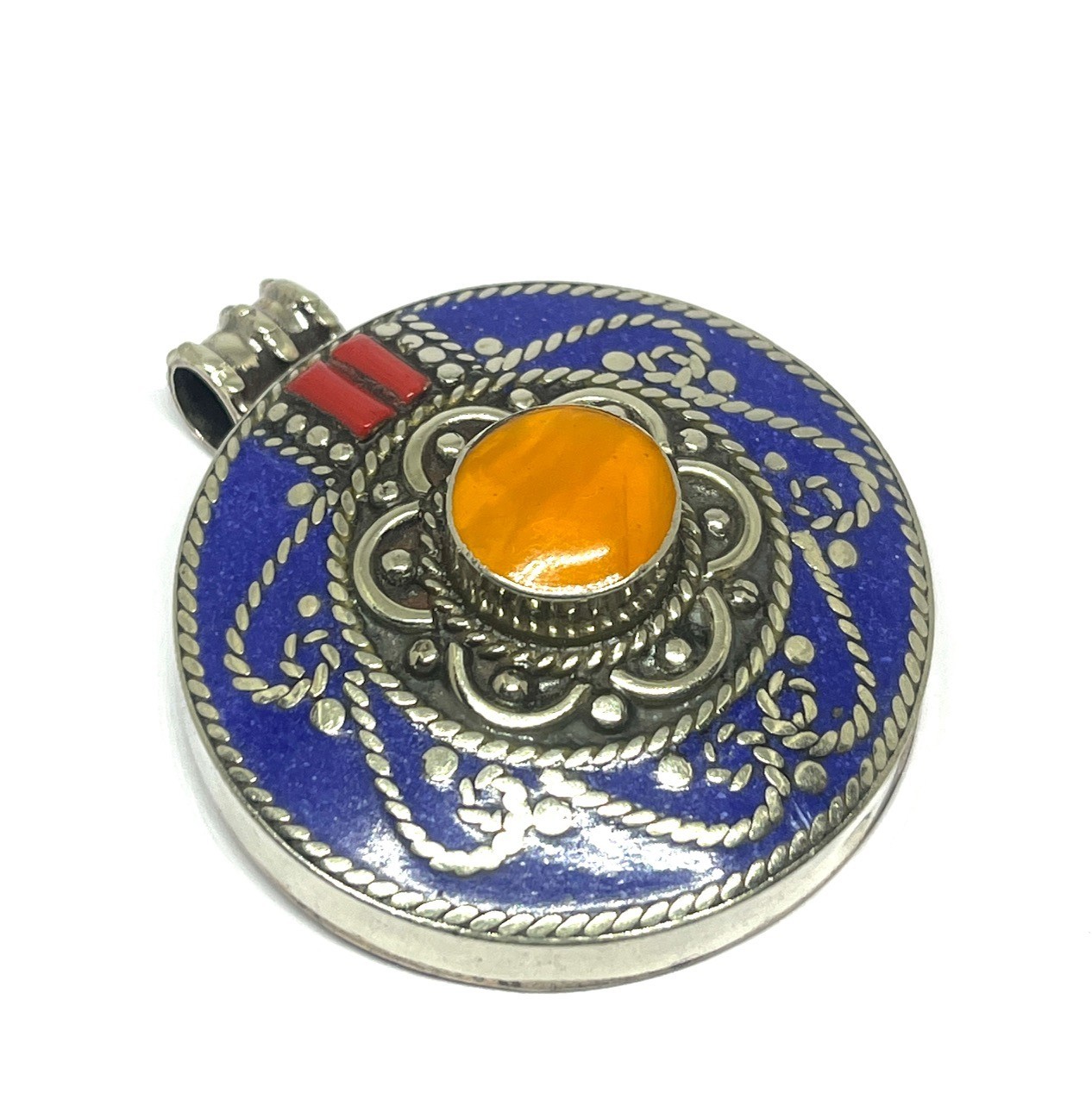 Art Deco Lapis Lazuli Amber Gemstone Tibetan Style Pendant Jewelry, 2.0 inch