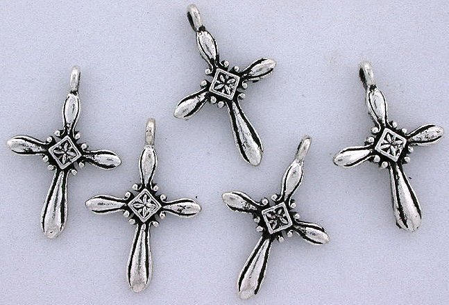 Set Of 5 Silver Color Antiqued Cross Pendant Focal 1 1/10 Inches x 7/10 Inch