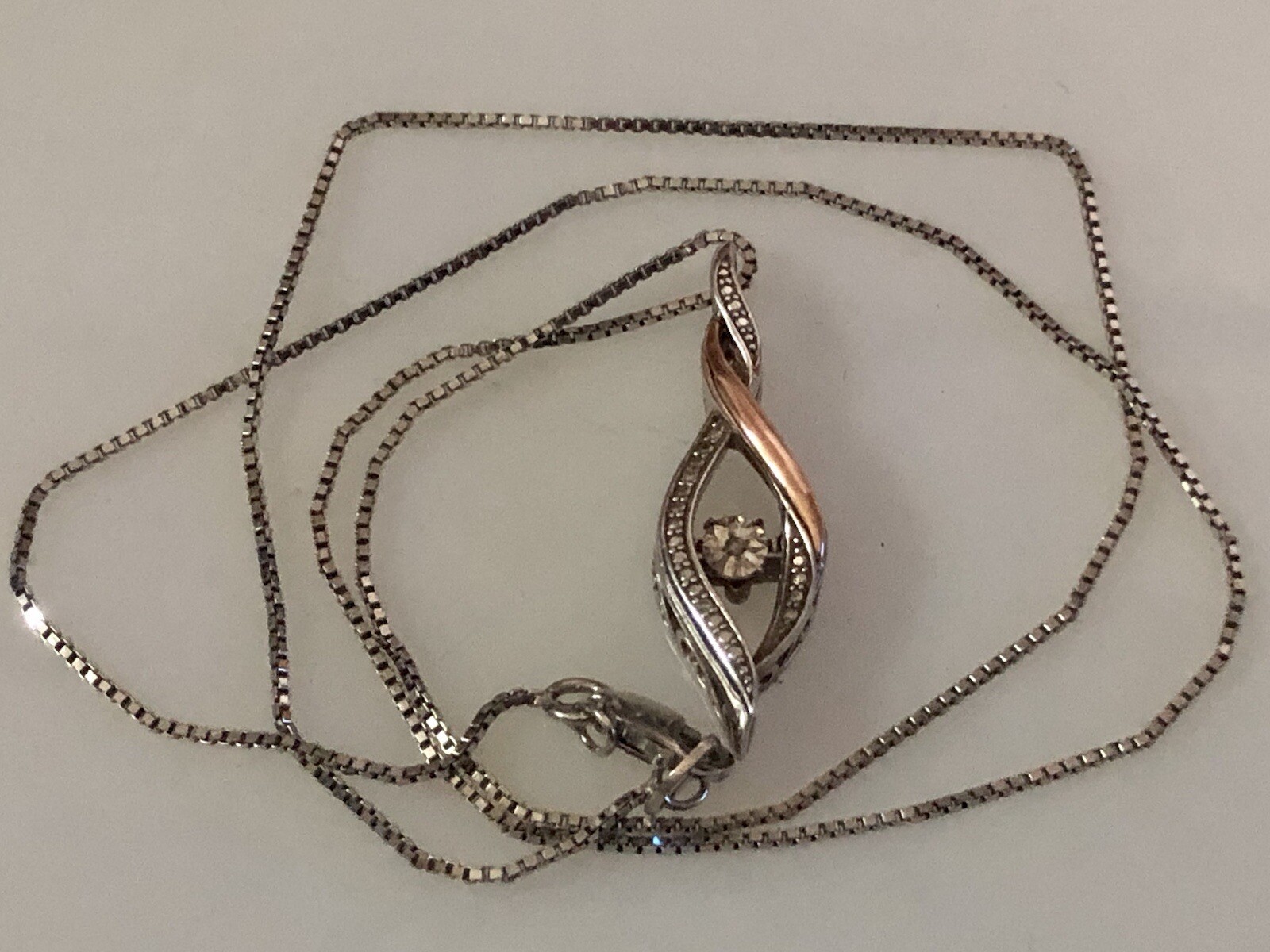 OTC Sterling 10k Rose Gold Infinity Pendant Sterling Box Chain Motion Diamond