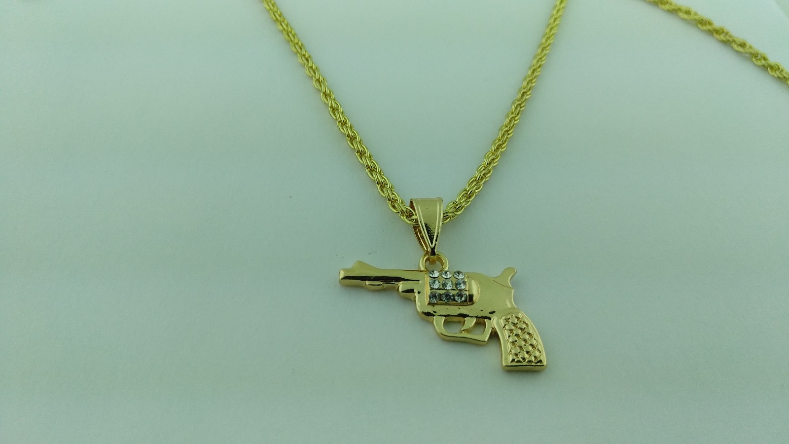 Revolver Gun Pendant with white stones Gold Plated and chain Dije de Revolver