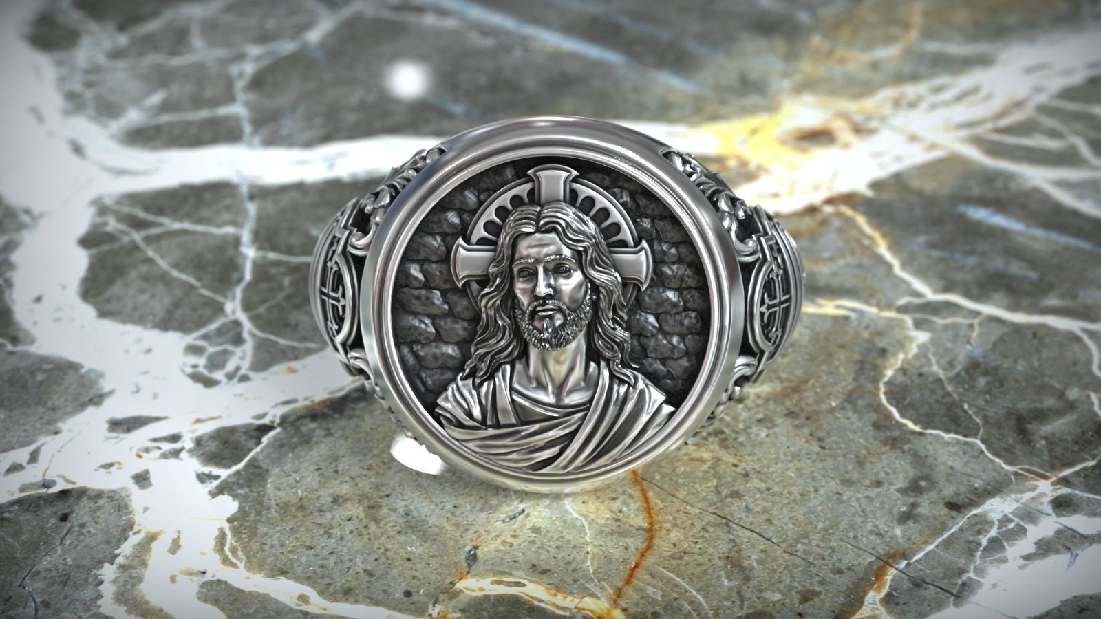 Oxidized Men’s Jesus Christ Christogram Symbol Sacred Christian 925 Silver Rings