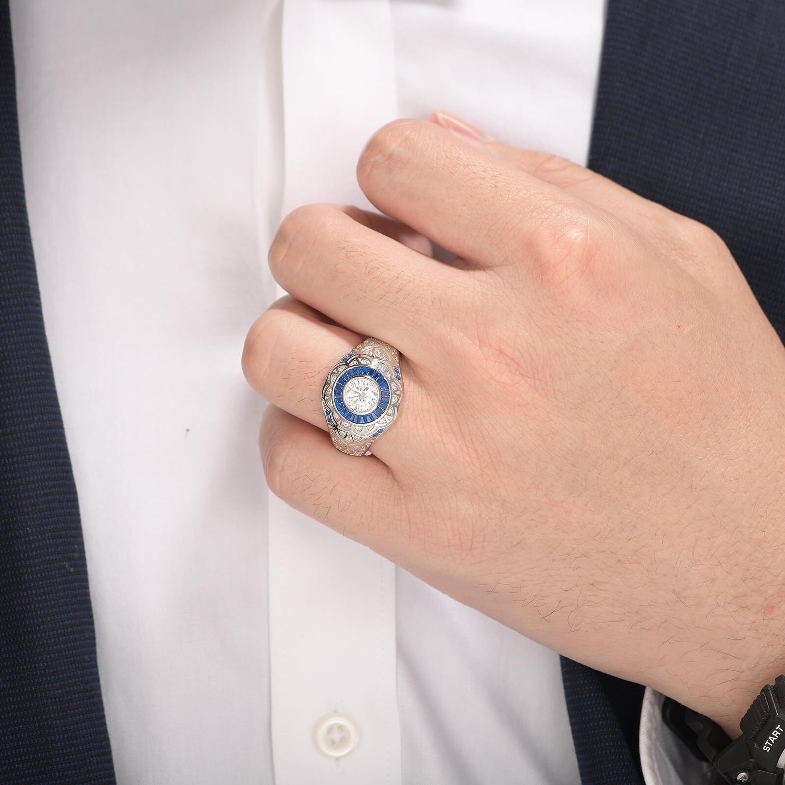 Moissanite Mens Wedding Rings Blue Sapphire 925 Sterling Silver Wedding Band