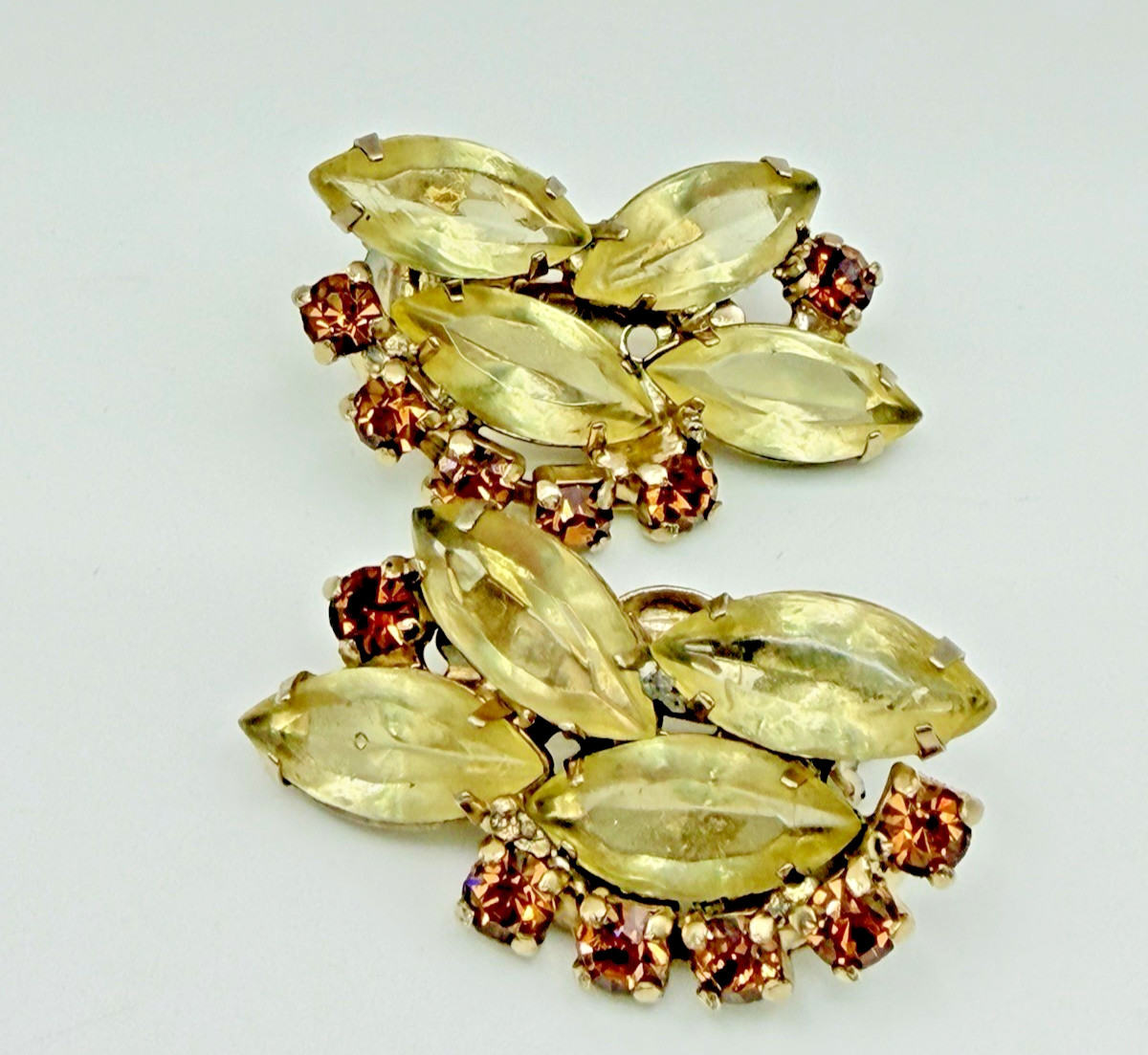 Vintage D&E Juliana Attributed Yellow Navette Topaz Rhinestone Clip Earrings