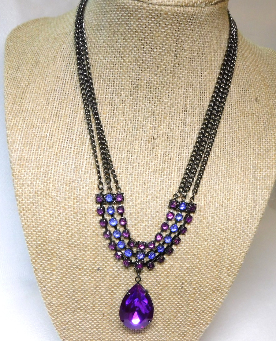 ROBERT ROSE TWO TONE PURPLE RHINESTONE STRANDED TEARDROP CHARM NECKLACE
