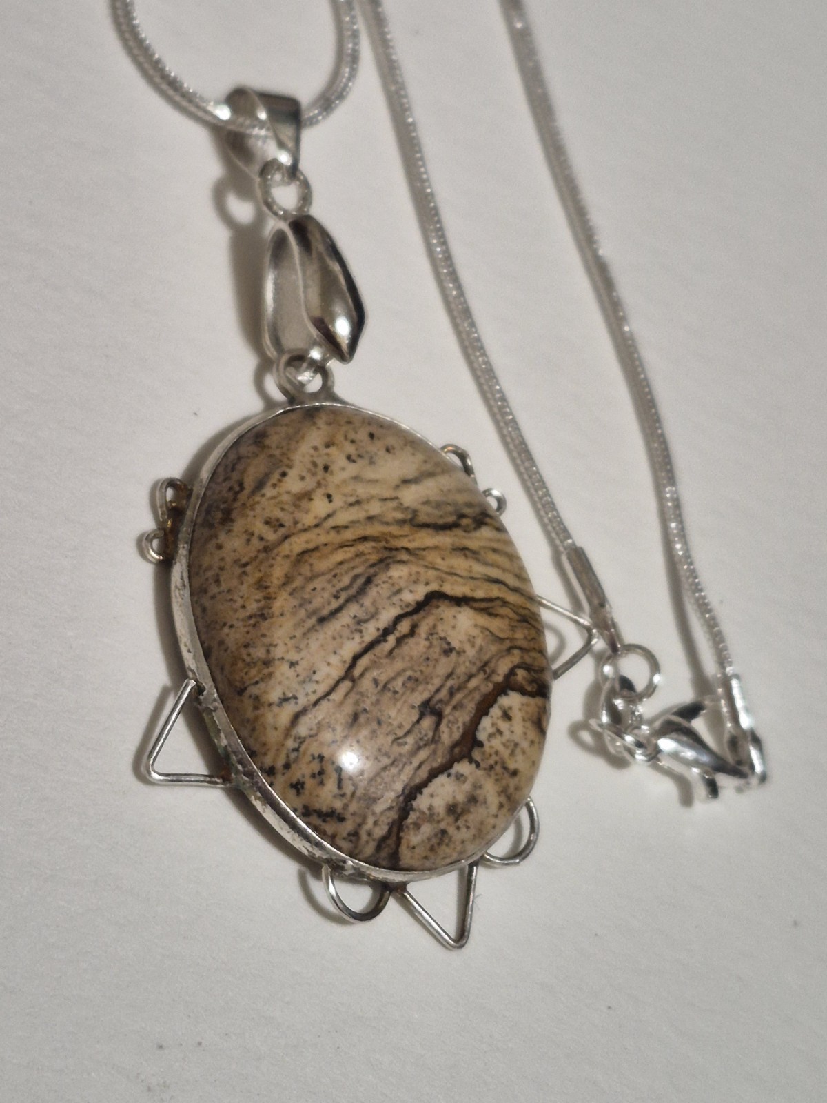 925 Sterling Silver Picture Jasper Pendant Necklace Artisan Wire Frame Oval
