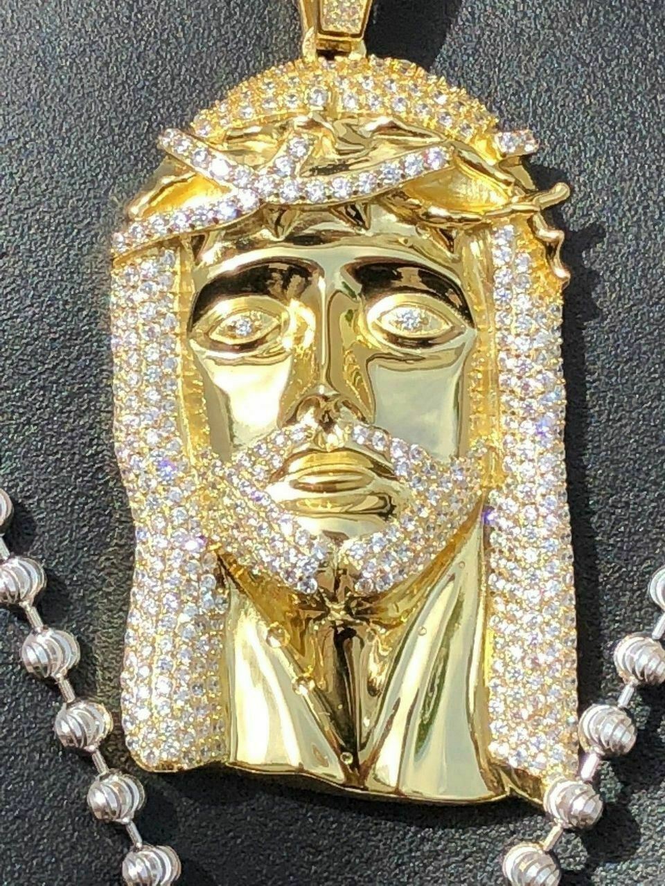 3″ Jesus Pendant Piece Solid 925 Silver /14k Gold Plated ICY CZ & Moon Cut Chain