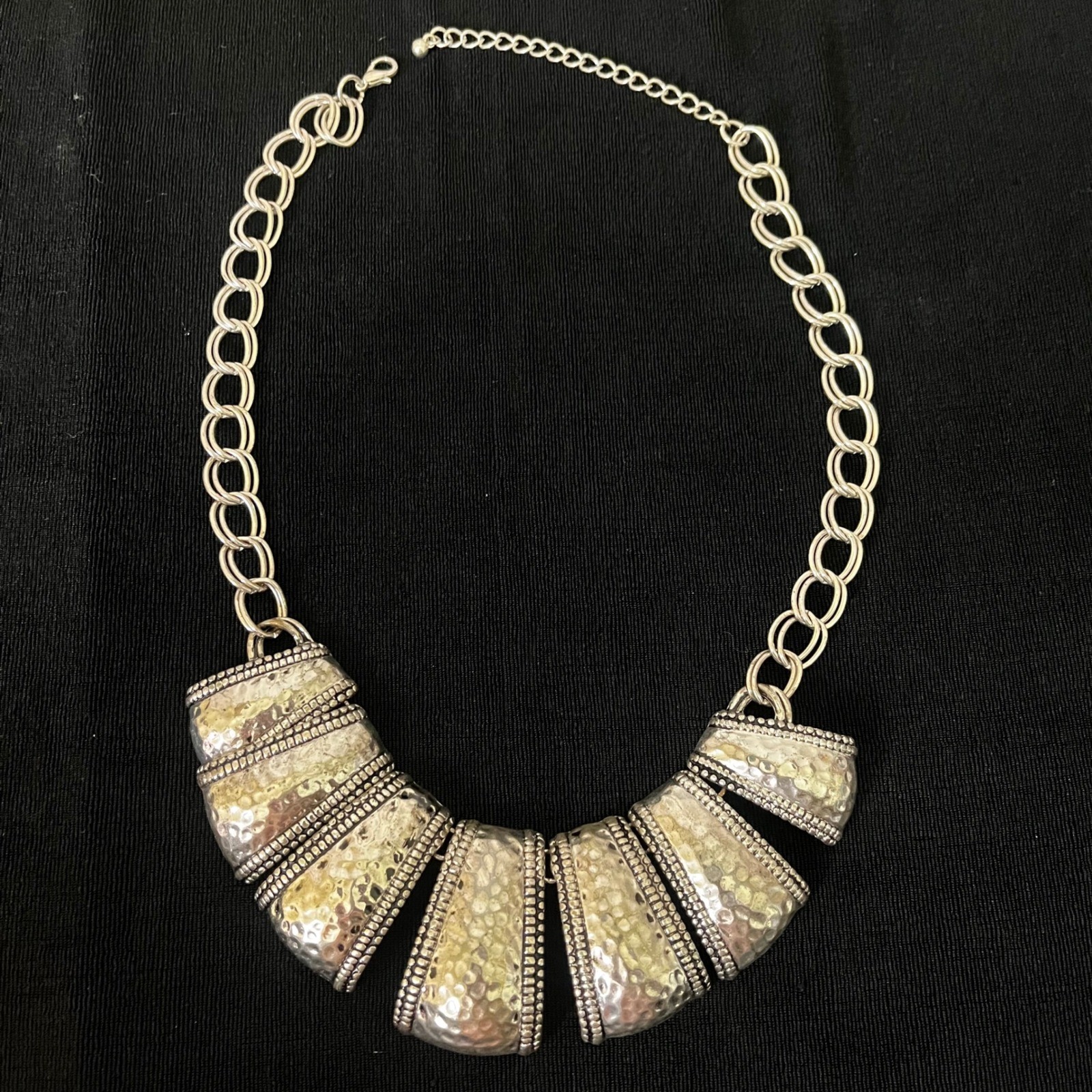 Hammered Silver Statement Bib Necklace 16-19″ Chunky Sculptural Collar