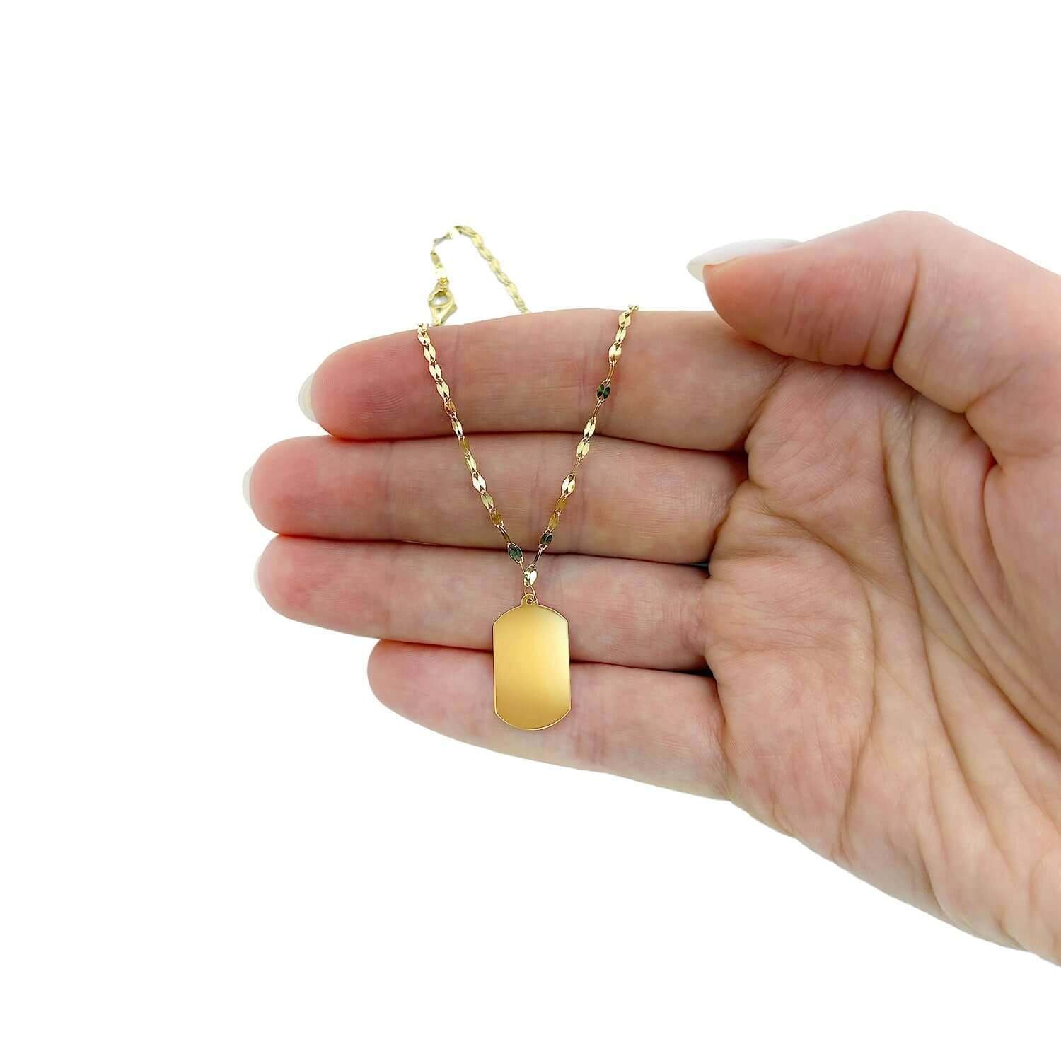 Engravable 14K Yellow Gold Dog Tag Pendant 1.2mm Mirror Chain Necklace 18″