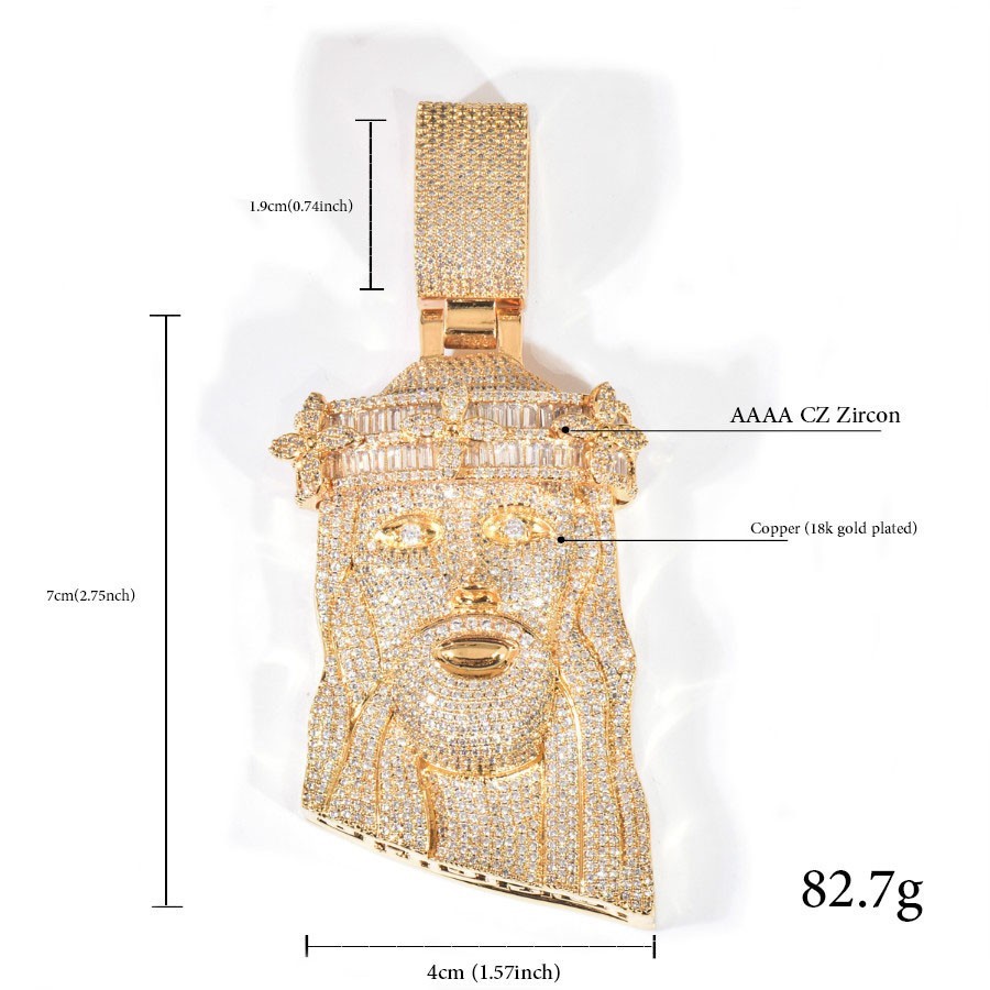 5AAA+ CZ Iced Out Hip Hop Bling Jesus Head Pendant Necklace 14k Gold Plated