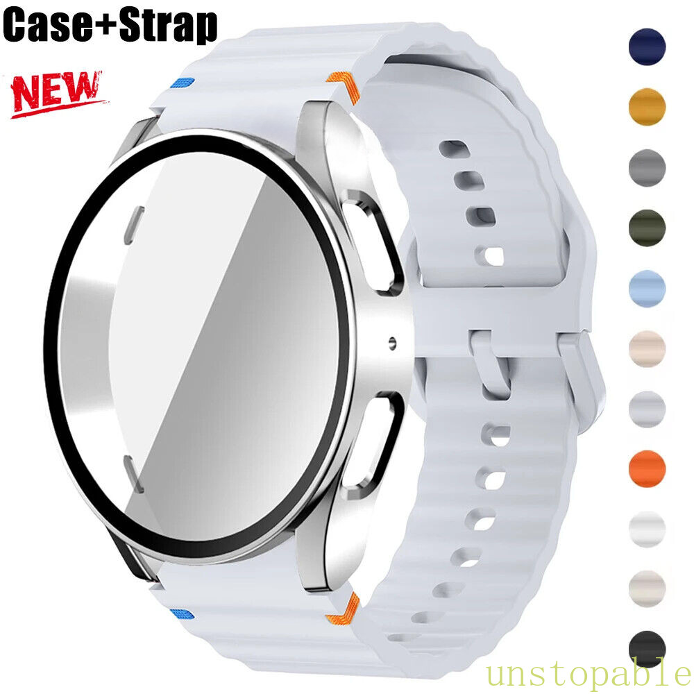 For Samsung Galaxy watch 7/6/5/4 44mm 40mm Sport Silicone Band Strap +Glass Case