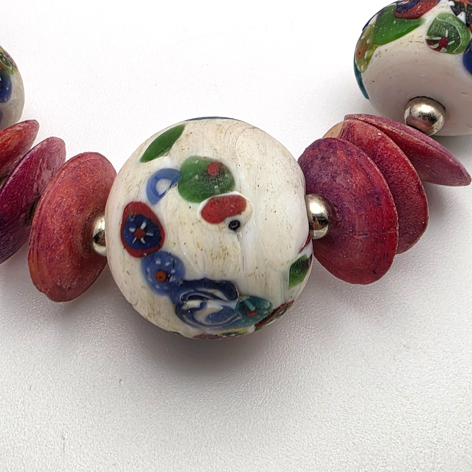 Handmade Artisan Ceramic Bead Necklace Colorful Boho Cottagecore 18.5 in