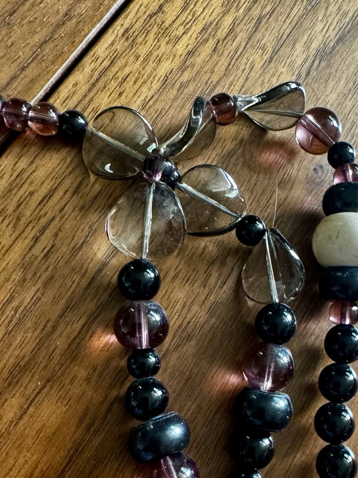 Beautiful Beaded Glass Necklace, Black White Purple Gray, Asymmetrical Charm