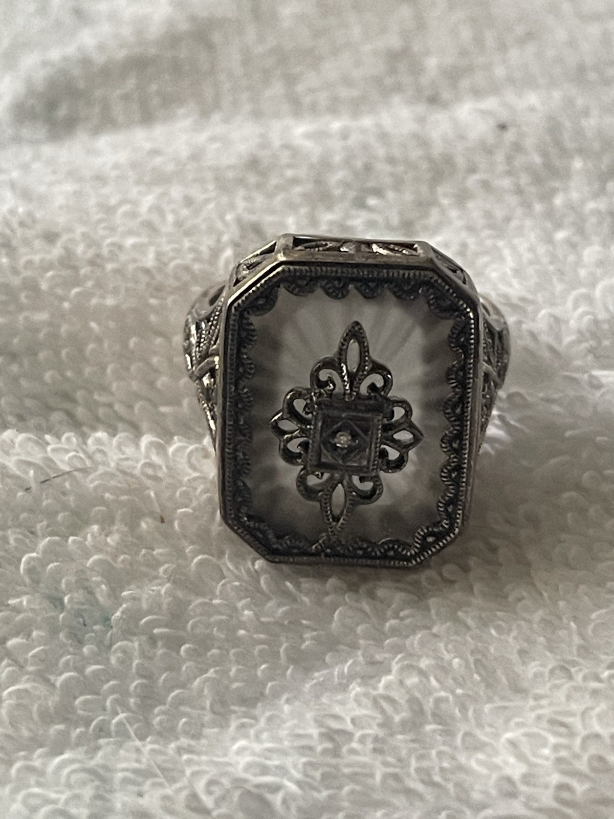 Sunburst Camphor Glass Ring | Embellished Ring Inset White Sterling Silver 925