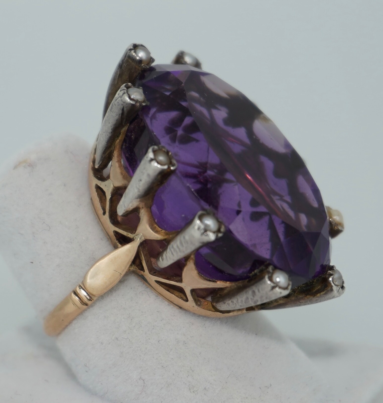 Antique 14K & Silver 43 Carat Amethyst & Seed Pearl Cocktail Ring