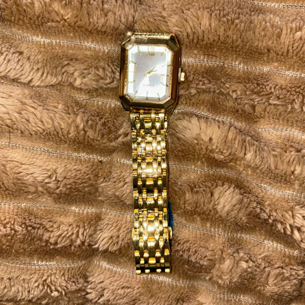 Gold Tone Square Analog Quartz Bracelet Watch White Dial Baton Index Never Worn