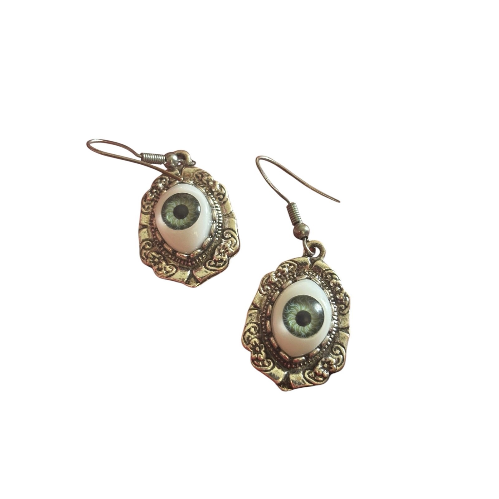 Green Eyeball Drop Earrings Gothic Oddities Creepy Victorian Silver Tone